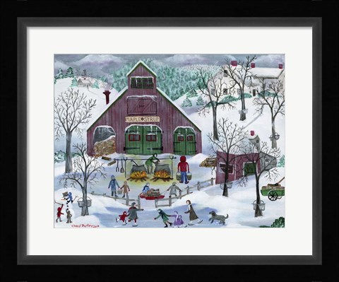 Framed Snowy Maple Syrup Makers and Ice Skaters Print