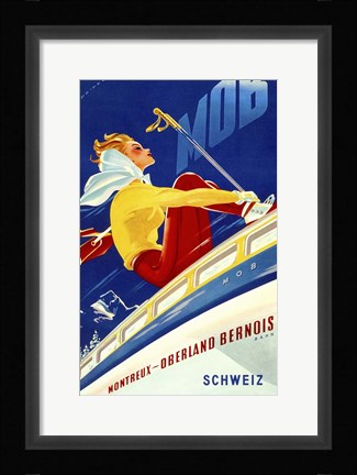 Framed 1940s Swiss Rail Ski Travel poster Print