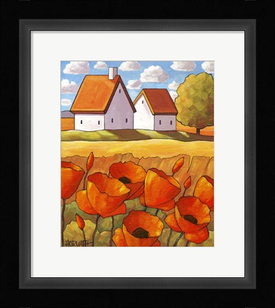Framed Red Flower Fields Landscape Print