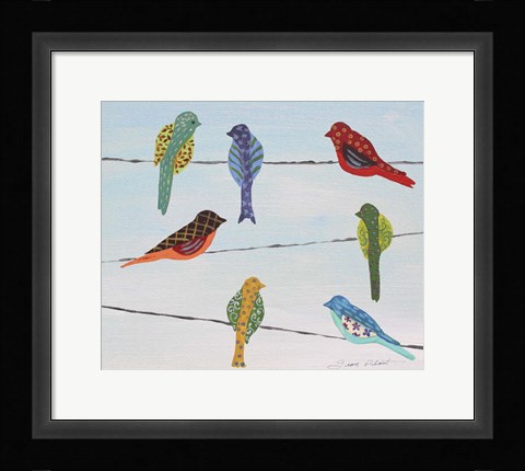 Framed Lovely Colorful Birds On Wires 2 Print