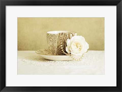 Framed Antique Cup and Saucer with White Flower and Pearls Print