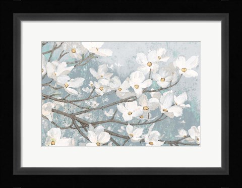 Framed Dogwood Blossoms II Blue Gray Crop Print