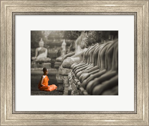 Framed Young Buddhist Monk Praying, Thailand (BW) Print