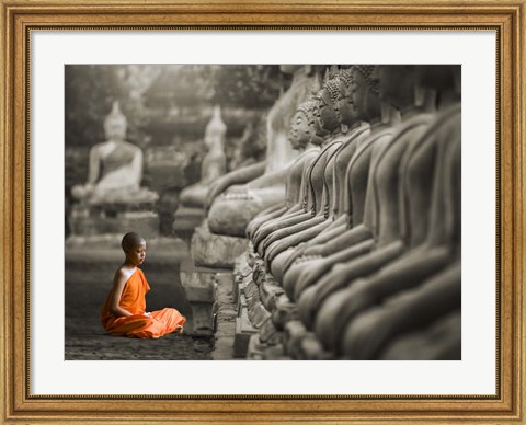 Framed Young Buddhist Monk Praying, Thailand (BW) Print
