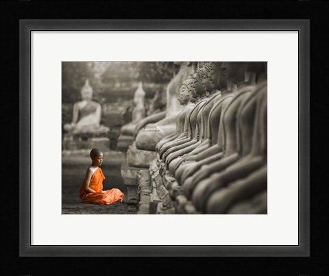 Framed Young Buddhist Monk Praying, Thailand (BW) Print
