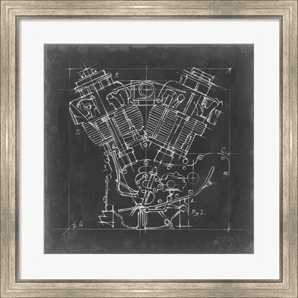 Framed Motorcycle Engine Blueprint I Print