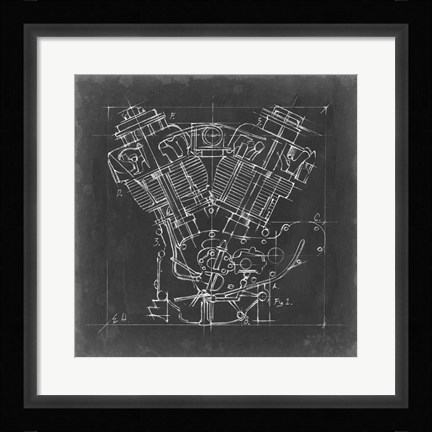 Framed Motorcycle Engine Blueprint I Print