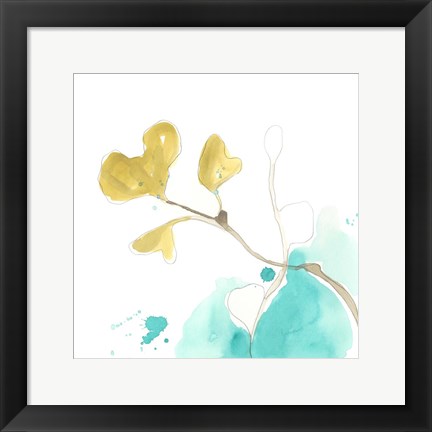 Framed Teal and Ochre Ginko V Print