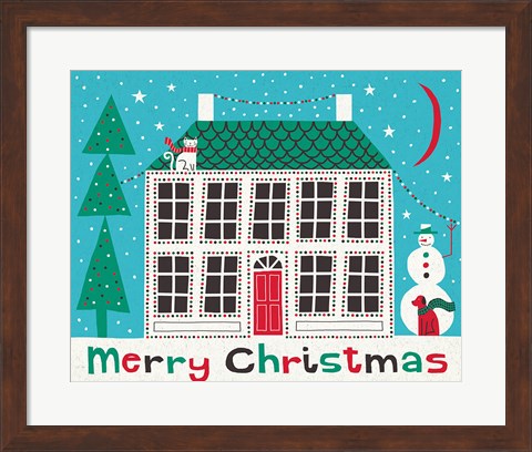 Framed Jolly Holiday Home on Blue Merry Christmas Print