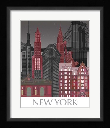Framed New York Elevations by Night Red Print
