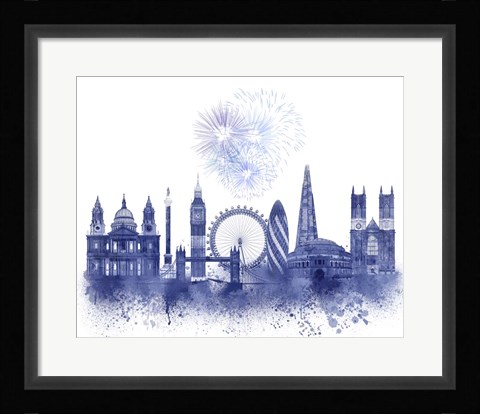 Framed London Skyline Watercolour Splash Blue Print