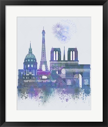 Framed Paris Skyline Watercolour Splash Blue Print