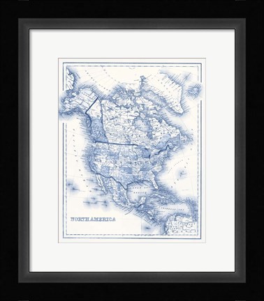 Framed North America in Shades of Blue Print