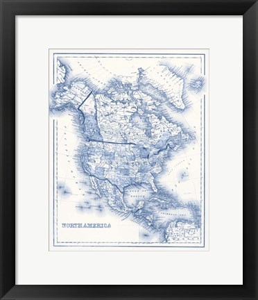 Framed North America in Shades of Blue Print