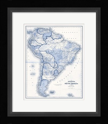 Framed South America in Shades of Blue Print