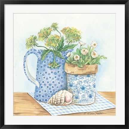 Framed Blue and White Pottery with Flowers I Print