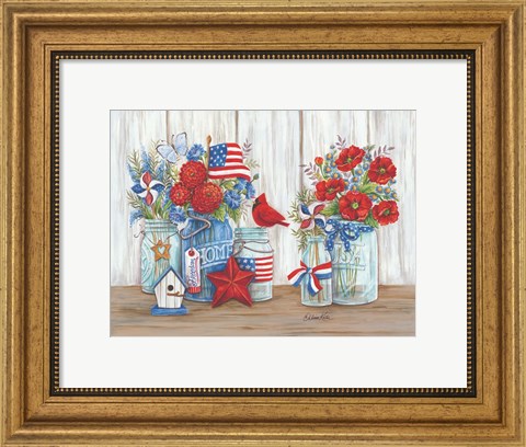 Framed Patriotic Glass Jars with Flowers Print