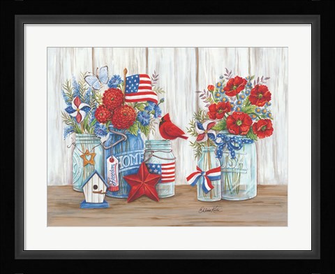 Framed Patriotic Glass Jars with Flowers Print