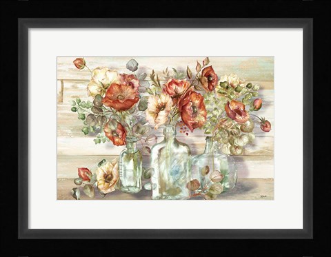 Framed Spice Poppies and Eucalyptus in bottles Landscape Print