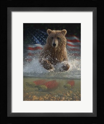 Framed Brown Bear Fishing America Print