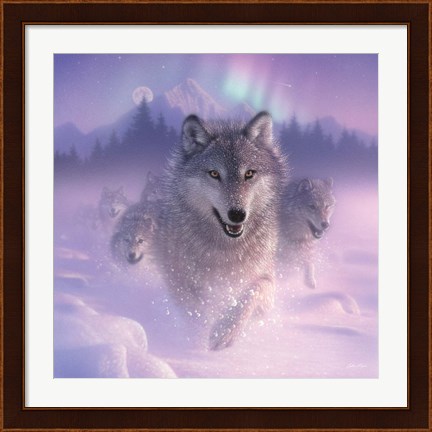 Framed Running Wolves - Northern Lights - Square Print
