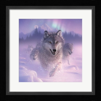 Framed Running Wolves - Northern Lights - Square Print