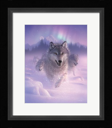 Framed Running Wolves - Northern Lights Print
