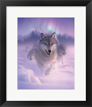 Framed Running Wolves - Northern Lights Print