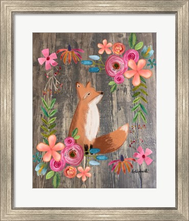 Framed Floral Fox on Wood Print