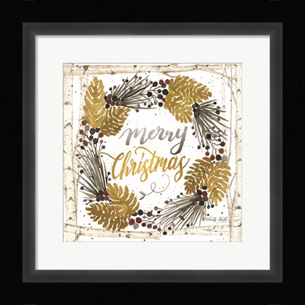 Framed Merry Christmas Birch Wreath with Berries Print