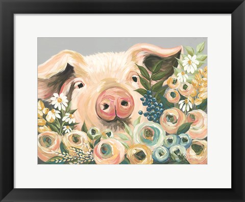 Framed Pig in the Flower Garden Print