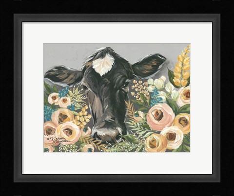 Framed Cow in the Flower Garden Print