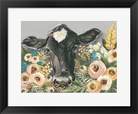 Framed Cow in the Flower Garden Print