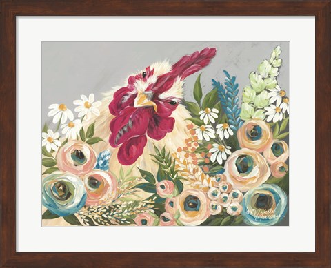 Framed Hen in the Flower Garden Print