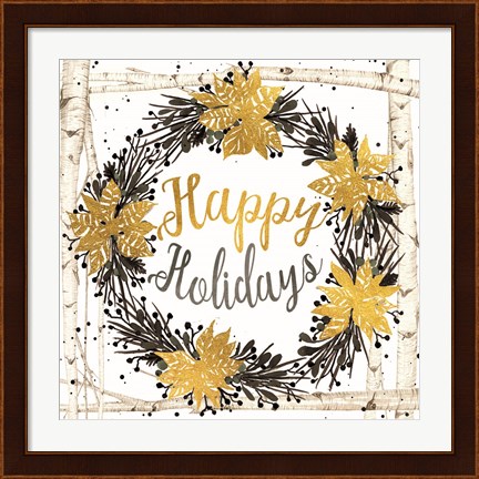 Framed Happy Holidays Birch Wreath Print