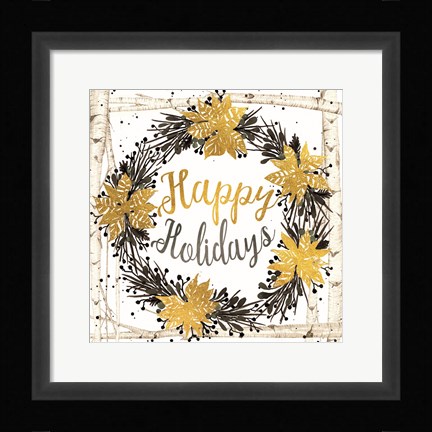 Framed Happy Holidays Birch Wreath Print