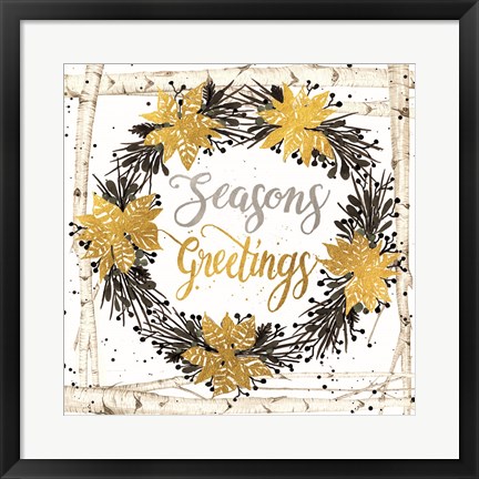 Framed Seasons Greetings Birch Wreath Print