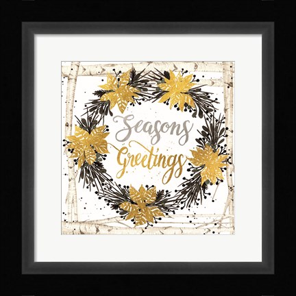 Framed Seasons Greetings Birch Wreath Print