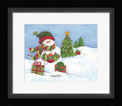 Framed Snowman with Ornament Print