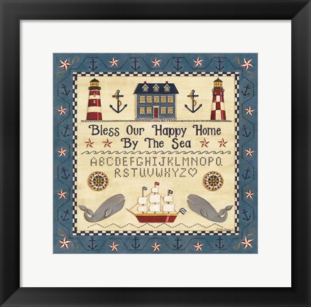 Framed Bless our Happy Home by the Sea Sampler Print