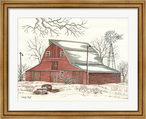 Framed Winter Barn with Pickup Truck Print