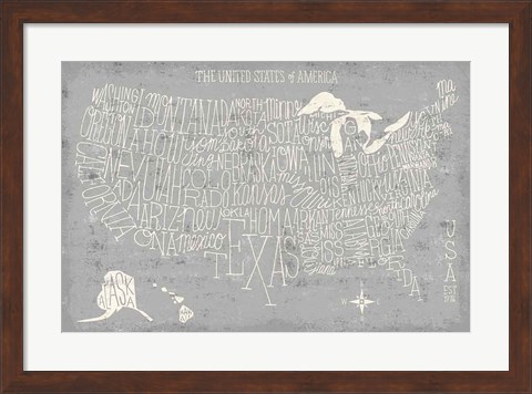 Framed Hand Lettered USA Map Gray Print