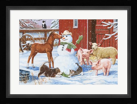 Framed Winter Barnyard Scene Print