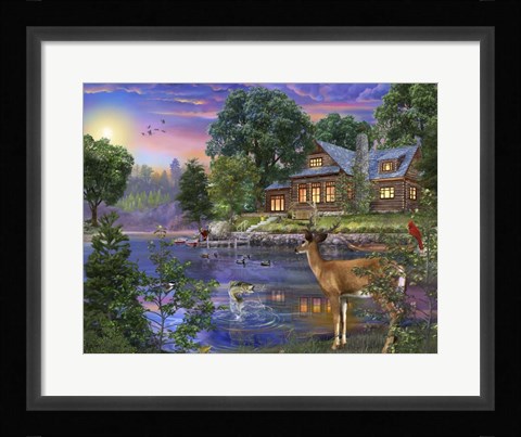 Framed White Tail Deer Lakehouse Print