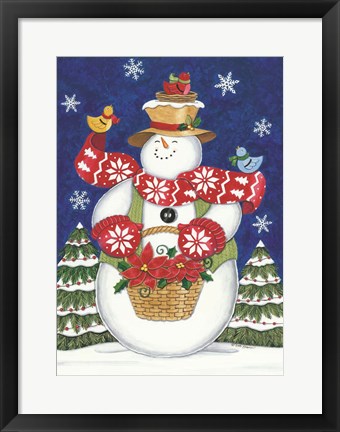 Framed Snowman with Poinsettias Print