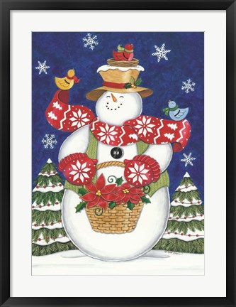 Framed Snowman with Poinsettias Print